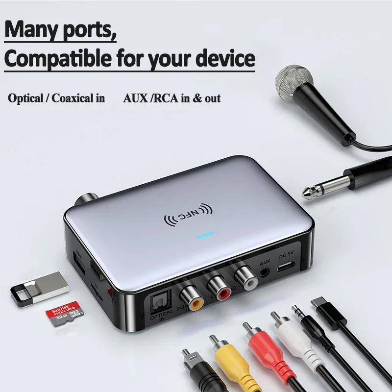 Bluetooth Receiver Transmitter 5.1 NFC Stereo 3.5mm AUX Jack Optical Coaxial RCA Wireless Audio Adapter Microphone Sing For TV