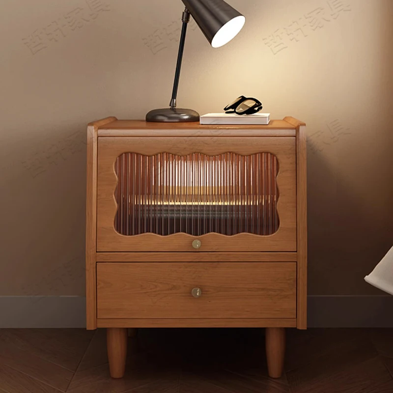 

French Vintage Bedside Table Solid Wood Bedroom Small Storage Cabinet Glass Nightstands Nordic Mesa De Noche Home Furniture WKNS