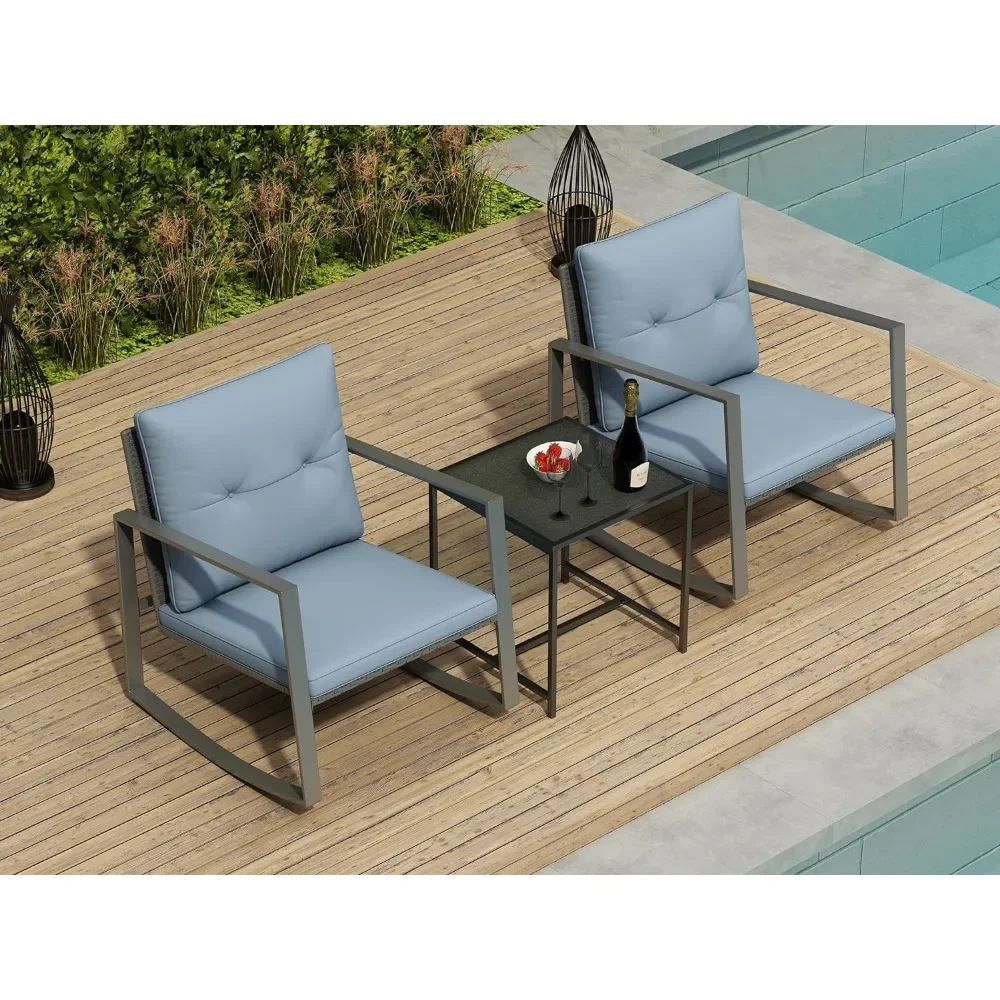 

3 Piece Rocking Bistro Set - Synthetic Wicker Outdoor Furniture - Glass Coffee Table with 2 Chairs for Balcony, Patio & Porch