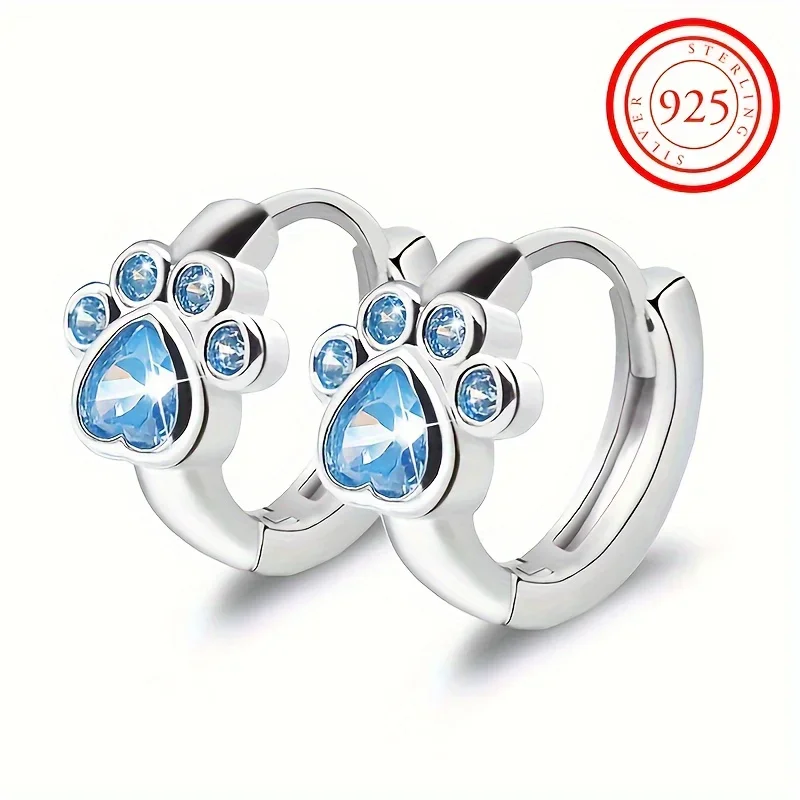 S925 Trendy Creative Cartoon Dog Paw Print Design Stud Earrings Animal Footprint Zircon Decor Stud Earrings