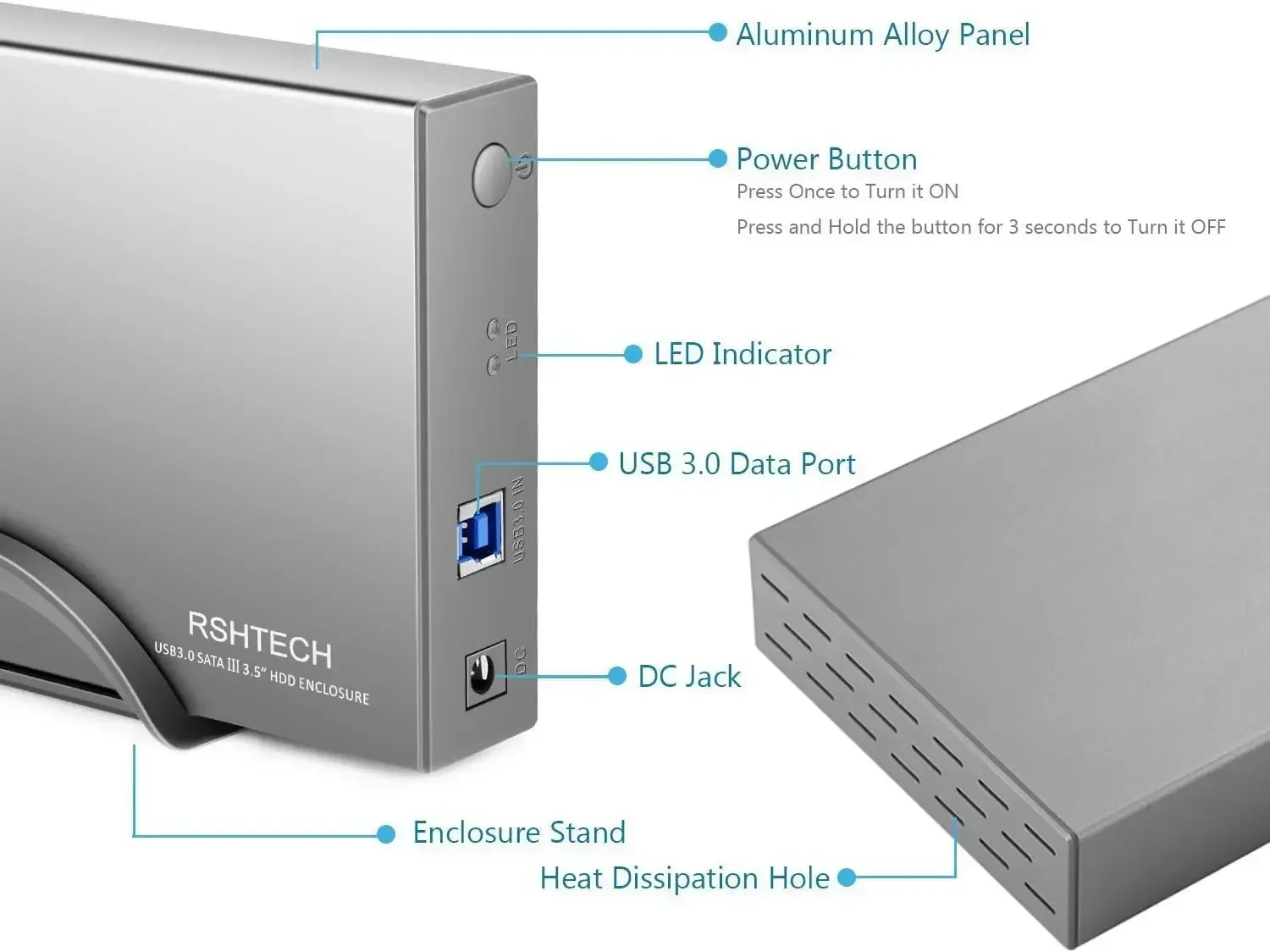RSHTECH Hard Drive Enclosure USB 3.0 to SATA Aluminum External Hard Drive Dock Case for 3.5 inch HDD SSD up to 16TB Drives