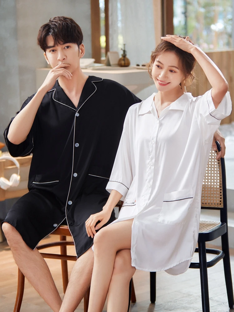커플용 아이스 실크 잠옷, 루즈핏 롱 셔츠, 여성용 나이트가운, 남성용 로브, 편안하고 통기성 좋은 여름 잠옷