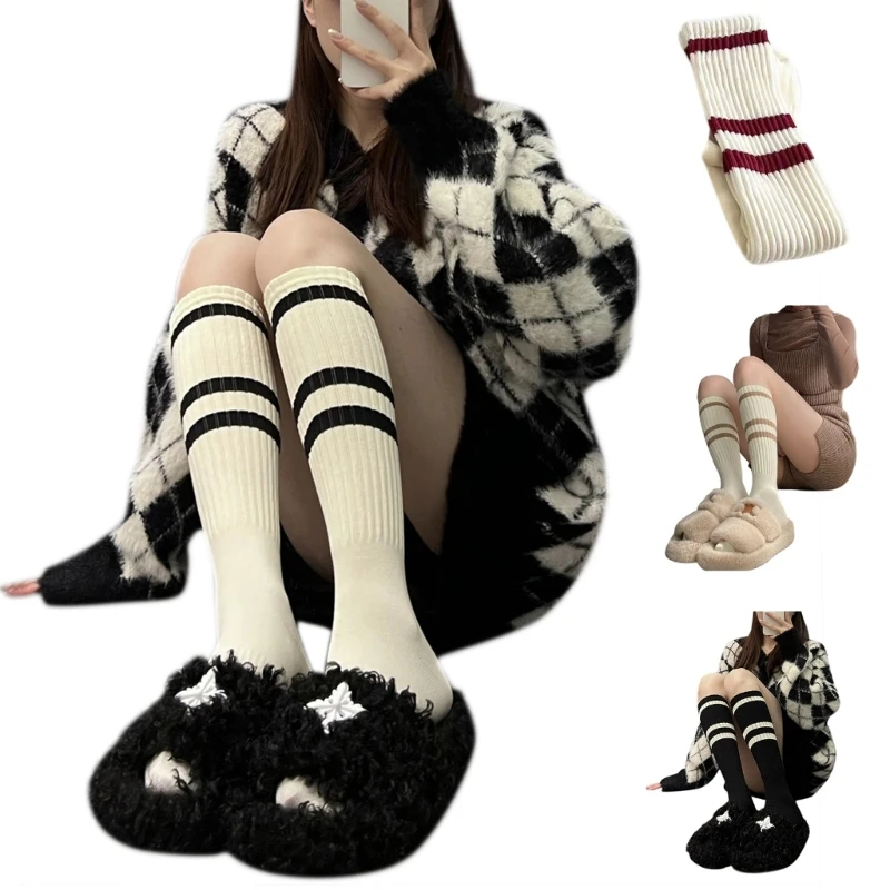 

Fashion Retro Striped Print Harajuku Long Socks Women Girls School Student Vintage Ribbed Knitting Calf Length Stockings T8NB