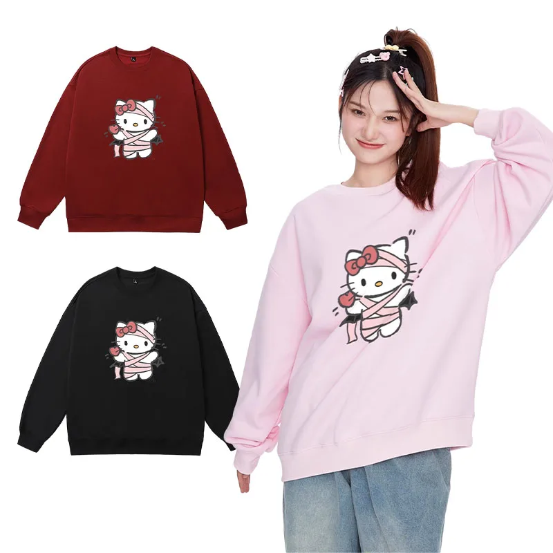 

Anime Cute Hellokittys Cartoon Printed Round Neck Sweatshirt Winter Halloween Long Sleeve Pullover Top Loose Comfortable