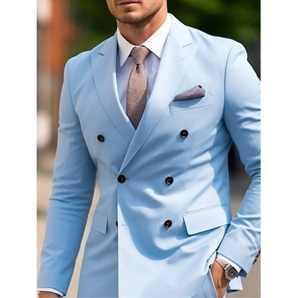 Mint Green Sky Blue Men's Wedding Suits Solid Colored 2 Pieces Daily Business Plus Size Double Breasted Six-buttons Male Suits
