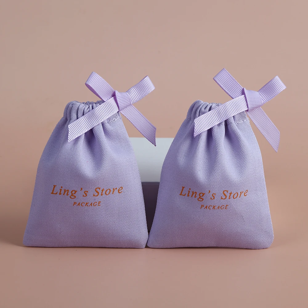 100Pcs Personalized Logo Name Purple Cotton Canvas Jewelry Ring Display Packaging Drawstring Gift Bags Wedding Favors Candy Bag
