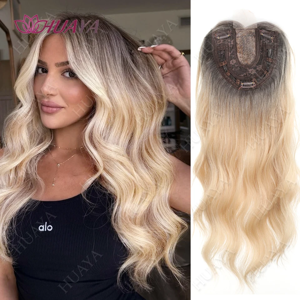 22 inch Synthetic Topper Wigs for Women Wave Head Top Hair Clip Topper Hair Extensions Middle-part Bangs with Front Small Lace