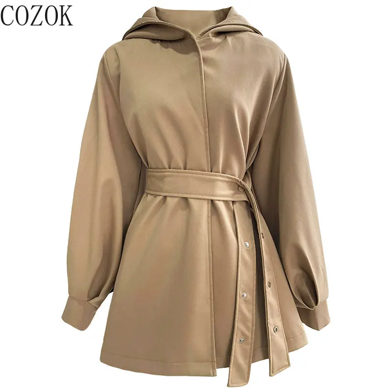 Elegant Skirt Hemline Type Waist-Controlled Lace-up Trench Coat Women's Spring and Autumn New Profile Hooded Top