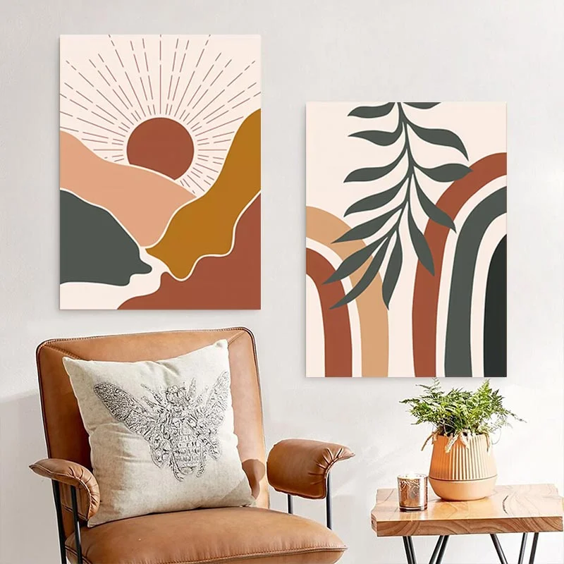 3pcs Boho Abstract Geometry with Framed Wall Art Canvas Painting Poster Leaves Sun Rainbow Living Room Interior Picture Decor