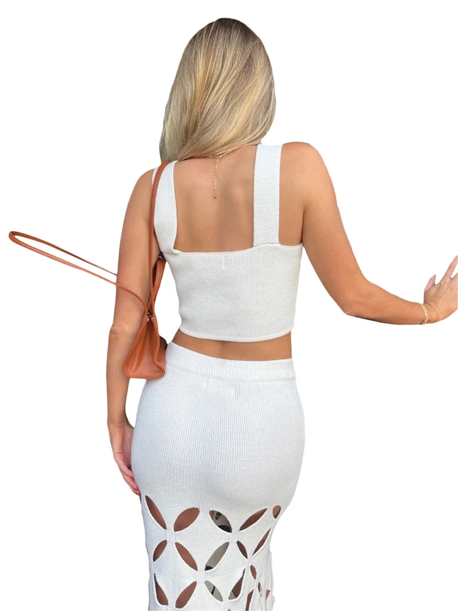 

Damen 2-teiliges Rock-Set Neckholder-Ausschnitt trägerlos Blume rückenfrei Tank Top und ausgehöhlte hohe Taille