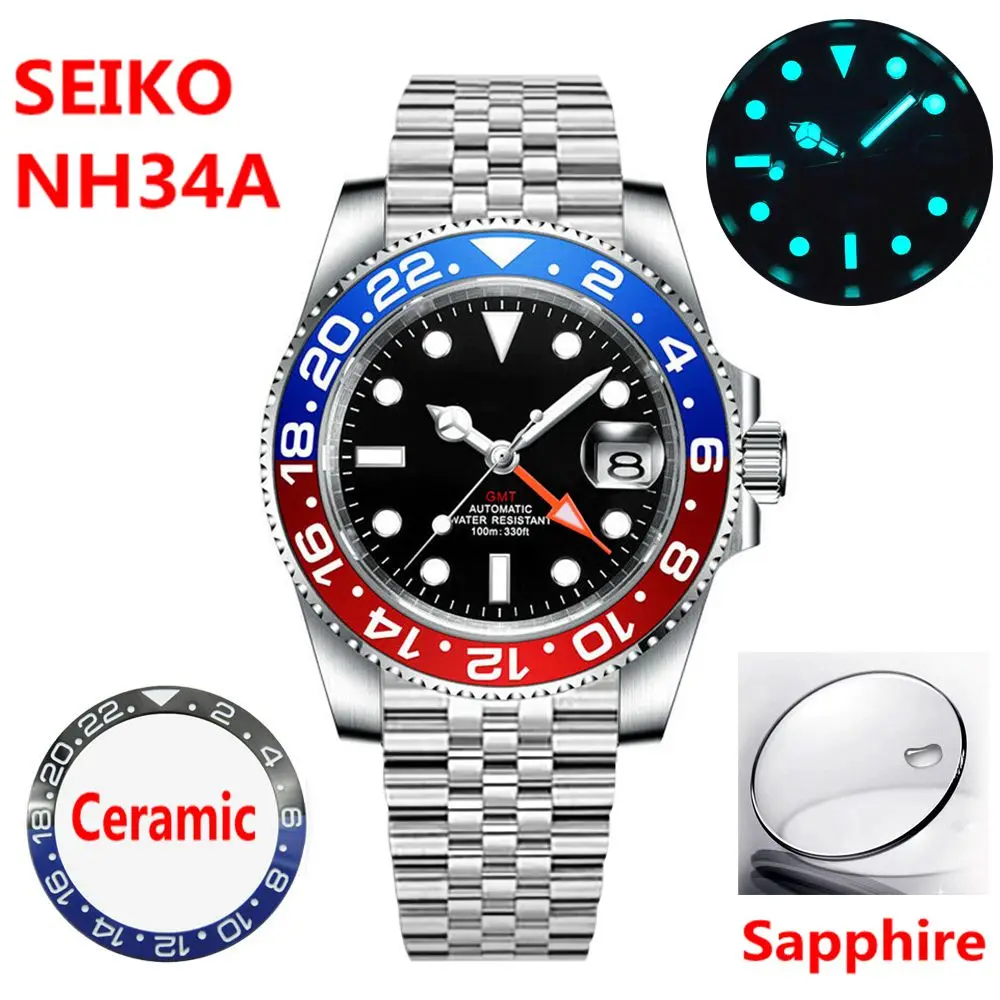 

Часы мужские механические с сапфировым стеклом, 40 мм, NH34 GMT