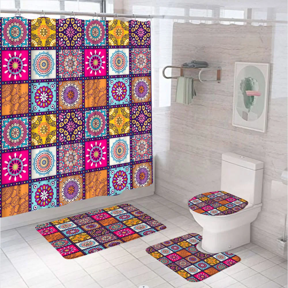 4Pc Bohemia Ethnic Style Bathroom Curtains Colorful Mandala Waterproof Shower Curtain Set Non-Slip Bath Mat Rug Toilet Lid Cover