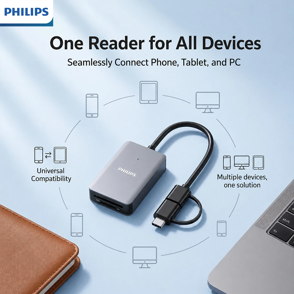 Philips Dual Slot High-Speed USB & Type-C Card Reader with Simultaneous SD/TF Reading