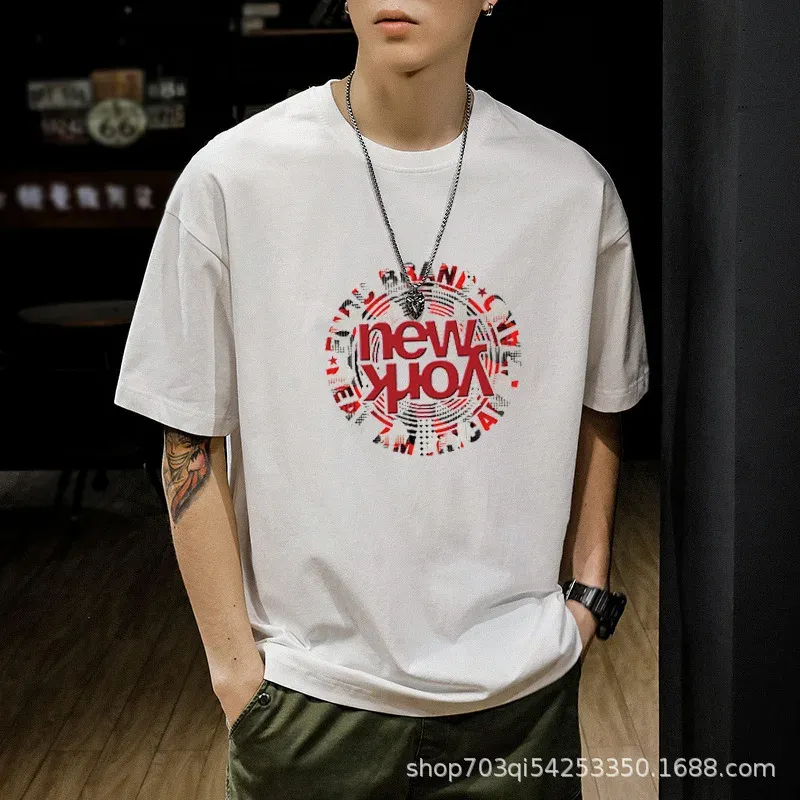 Trendy Black Men's Short Sleeve T-Shirt 200g Pure Cotton Ice Silk Body T-Shirt Wide Casual Style Summer Fashion Trendy