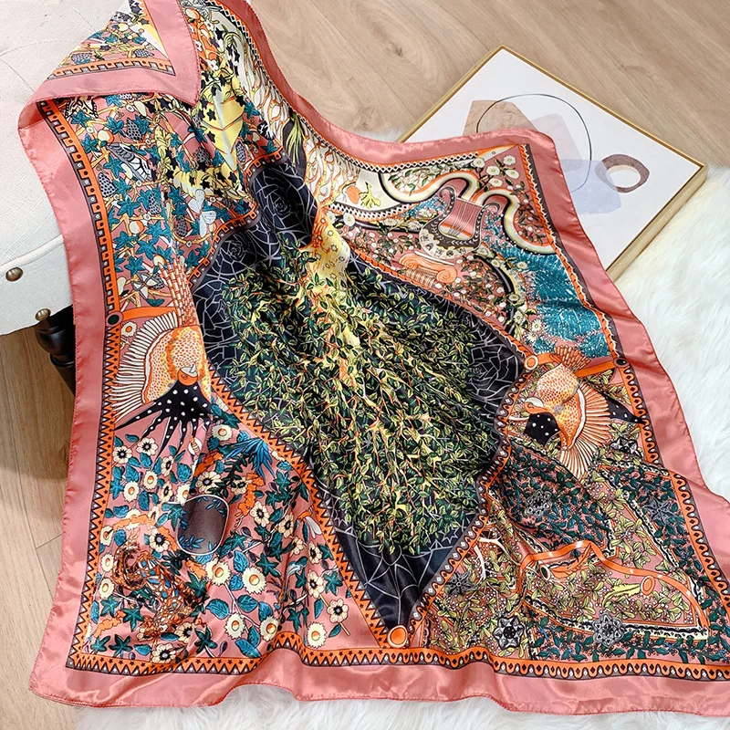 2022Seide Quadrat Schal Frauen Luxus Kopftuch Druck Schals Weibliche Hijab Haar Band Vintage Halstuch Damen Pashmina Bandana – Detail 3