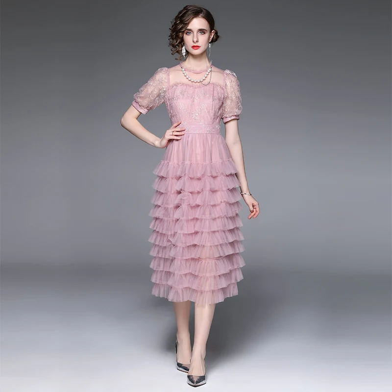

Summer Fashion Pink Mesh Cake Dress Women Elegant Lace Puff Sleeve Patchwork High Waist Ruffles Midi Party Dresses