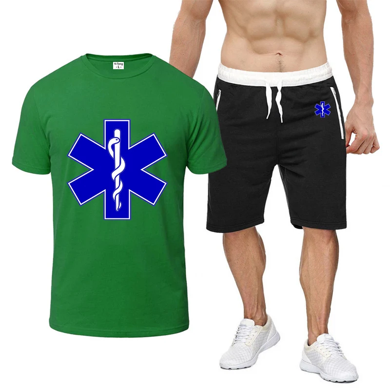 EMT Emergency Ambulance 2023 Men's Summer New Hot Two-piece Casual Sportswear Short-sleeved Suit T-shirt+Shorts Fitness Sportswe