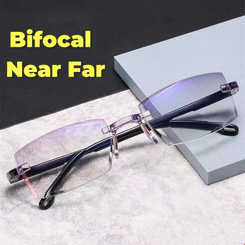 

2023 Ultra Clear Anti Blue Light Eyeglasses Retro Frameless Trimmed Presbyopia Glasses Bifocal Reading Eyewear for Far Near Use