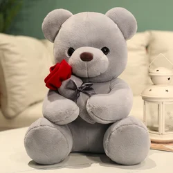 Romantic Kawaii Teddy Bear Plush Toy with Roses - Soft, Adorable Gift for Valentine's Day or Home Decor (GRAY)