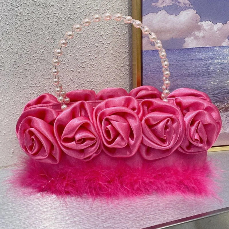 

Роскошная плетеная вручную женская сумка с цветами, Шелковый тоут с бусинами, плюшевая сумочка-мешок с жемчугом, вечерняя Праздничная сумка, ручной клатч