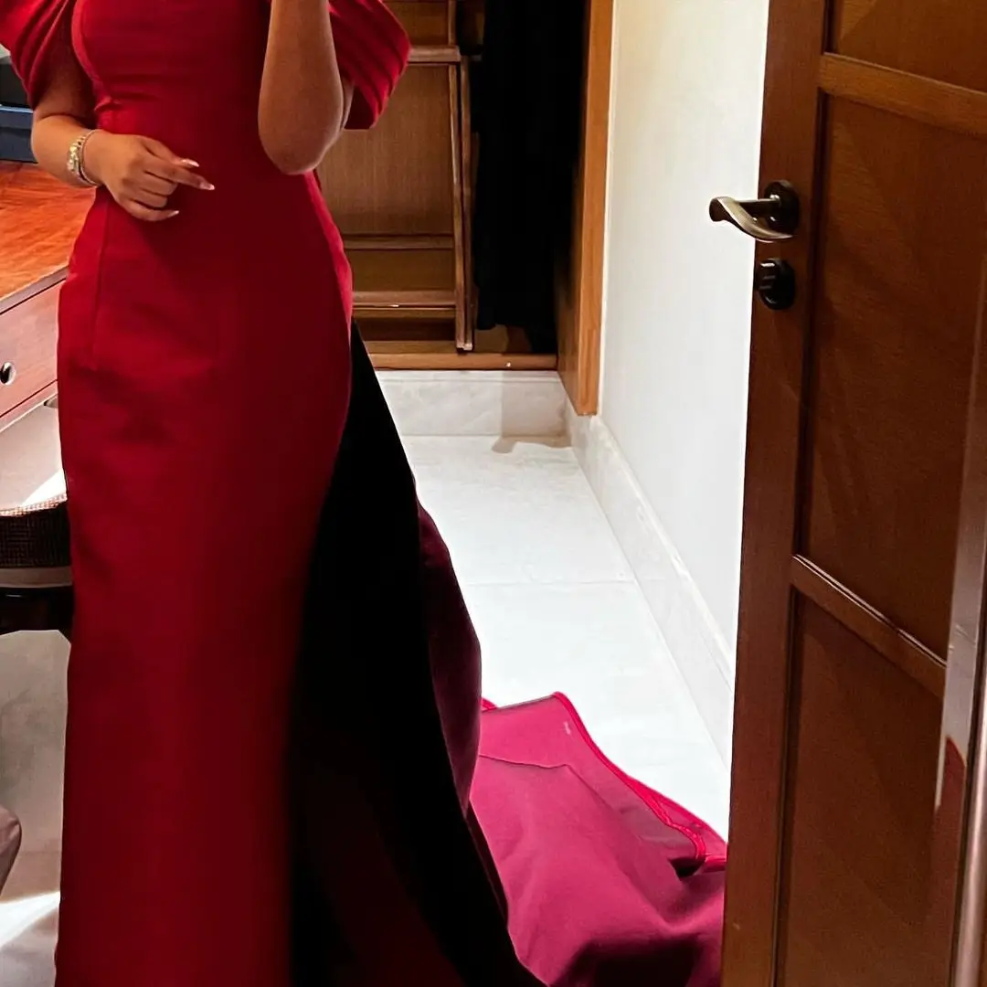 

Vintage Mermaid Off The Shoulder Sleeveless Prom Dresses Red Satin Ankle Length Formal Evening Party Dresses