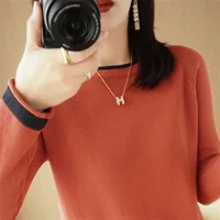 100% Cotton Knitwear Women's Round Neck Sweater Spring And Summer New Loose Color Matching Cotton And Linen Bottoming Shirt - Image 5