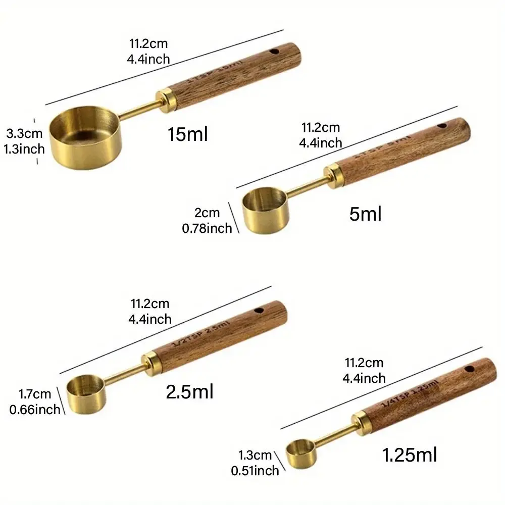 Kitchen Measuring Spoons and Cups Set Wooden Handle Stainless Steel Baking Tools Coffee Measuring Spoon Bartending Scale Accessories