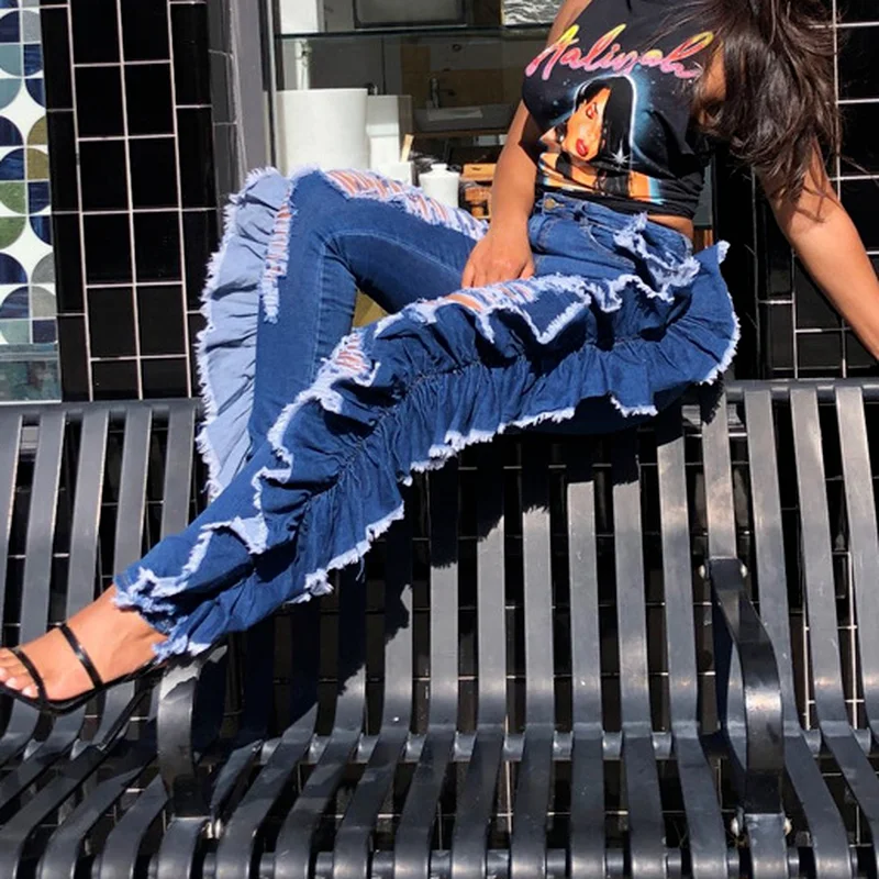 Ruffled Ruched Ripped Denim High Wait Stacked Pants Autumn 2021 Women Trouser Streetwear Jeans Fashion Skinny Pockets Trousers brown vintage baggy jeans women 90s streetwear pockets wide leg cargo pants y2k high waist straight denim trousers 2021