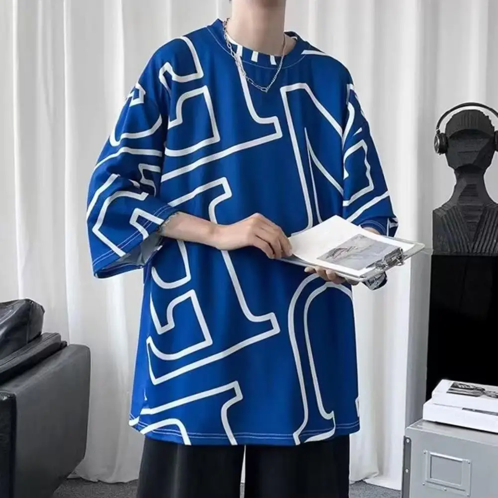 

Summer Men's T-shirt Crew-neck Monogram Print Ice Silk Short-sleeved Pullover Loose Streetwear Top