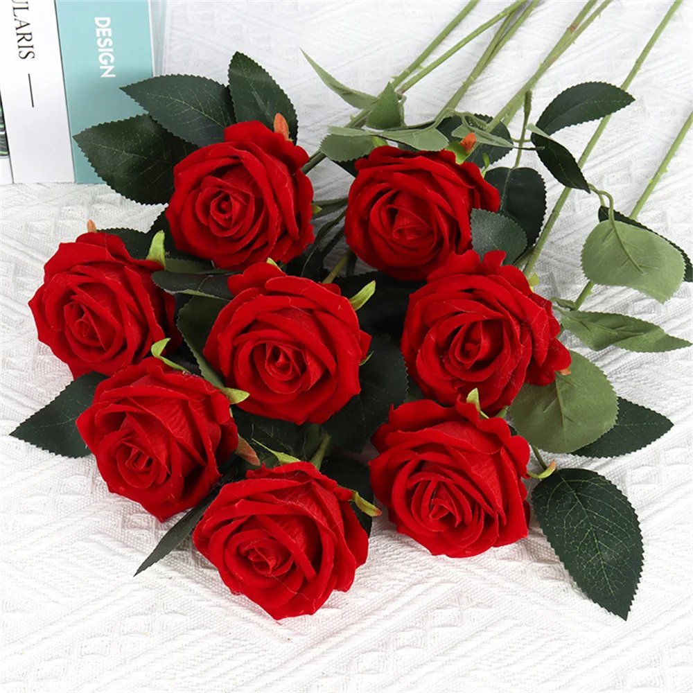 

5Pcs Artificial Flowers Bouquet Red Velvet Fake Rose Flower for Wedding Home Table Decoration Christmas Valentine's Day Gift