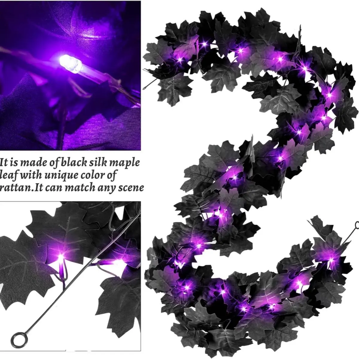 Halloween LED Black Leaf Garland - Battery Powered Fall Vine with Purple Lights