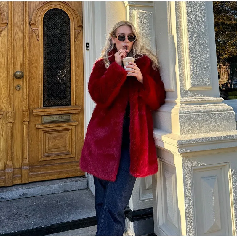 Luxury Women's Red Faux Fur Long Overcoat Fleece Thick Warm Full Sleeve Lapel Cardigan Coat Winter Fashion Loose Outerwear