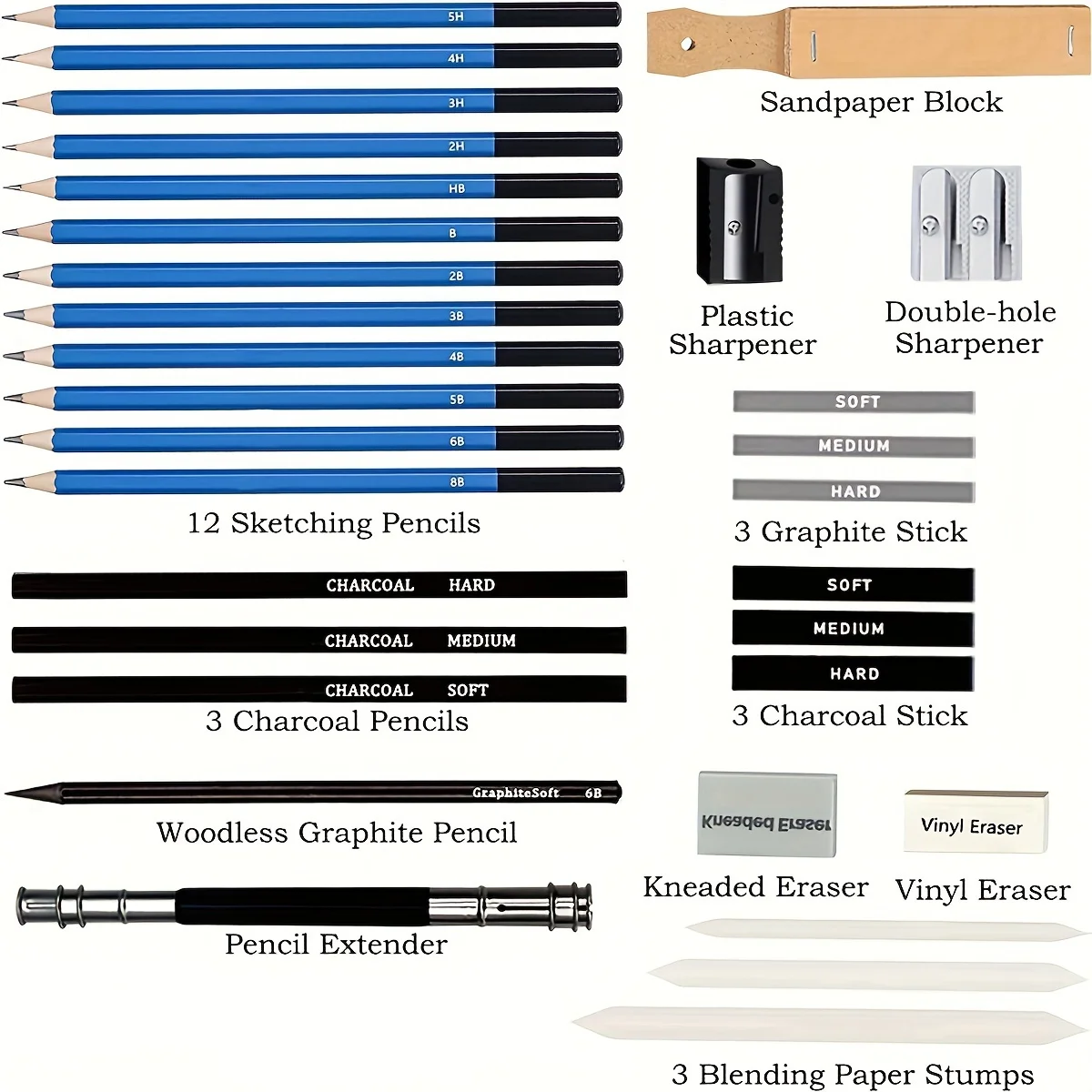 33 Pieces Pro Drawing Kit Sketching Pencils Set Portable Zippered Travel Case-Charcoal Pencils Sketch Pencils Charcoal Stick