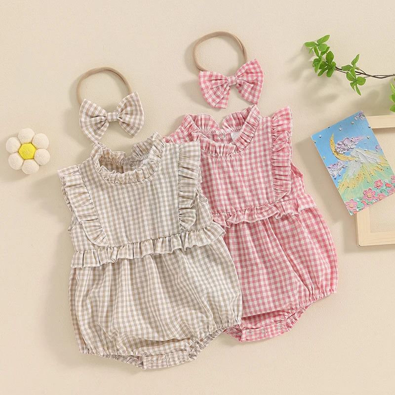 

0-18M Infant Baby Girls Summer Romper Casual Sleeveless Ruffle Collar Plaid Jumpsuit with Headband 2pcs Clothes Sets