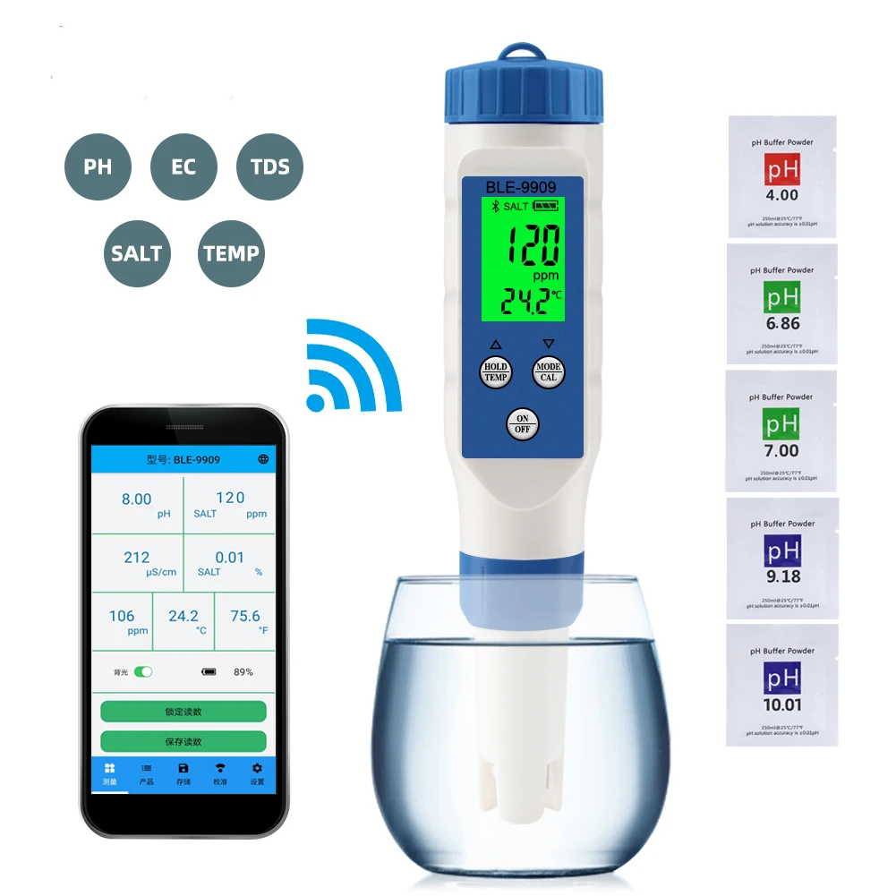 

5-in-1 BLE-9909 Smart Bluetooth Salinity Meter Water Quality Test Pen PH Meter For Aquariums Pool Fish Tank Seafood Aquaculture