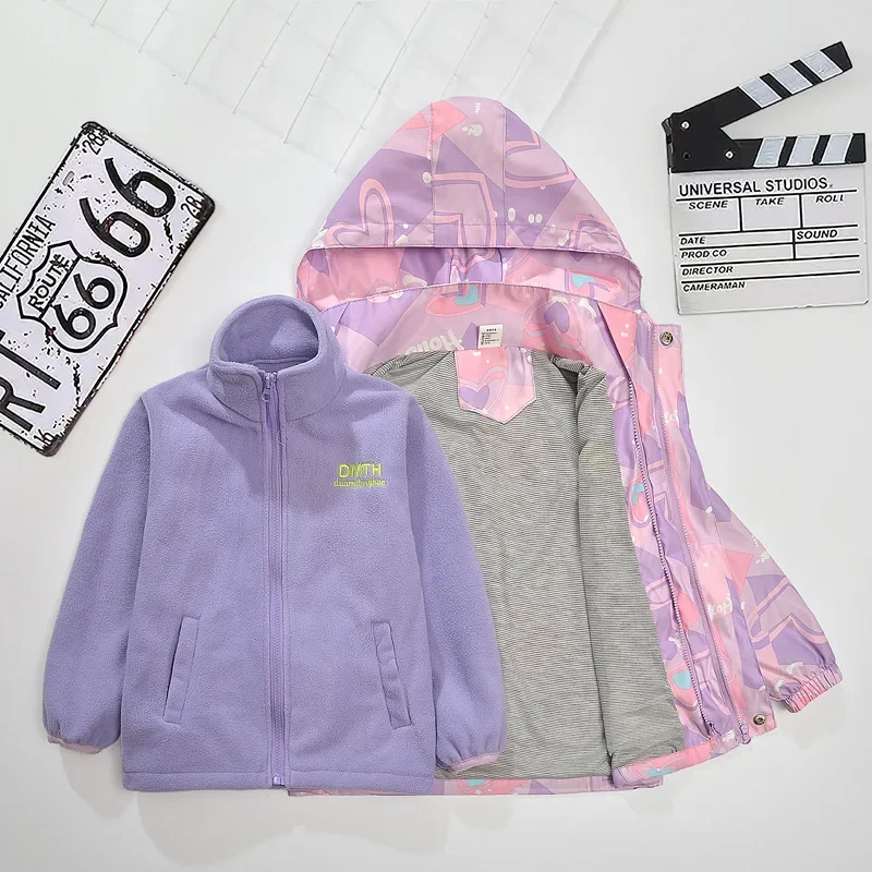 Girls' Jacket Spring and Autumn New Children's Jacket Three-in-one Removable Velvet Thickened Girls' Autumn Clothing