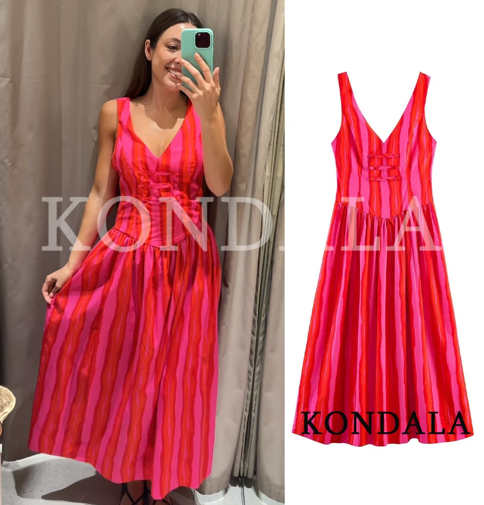 KONDALA Damen Elegantes Festtagskleid mit Kontraststreifen, Schickes Seilknopf-V-Ausschnitt-Midikleid, Trendiges Partykleid für den Sommer 2026
