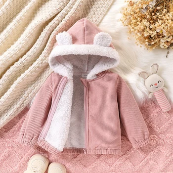 Baby girl casual cute corduroy composite plush fabric zipper fully open thickened hooded long sleeve jacket autumn and winter