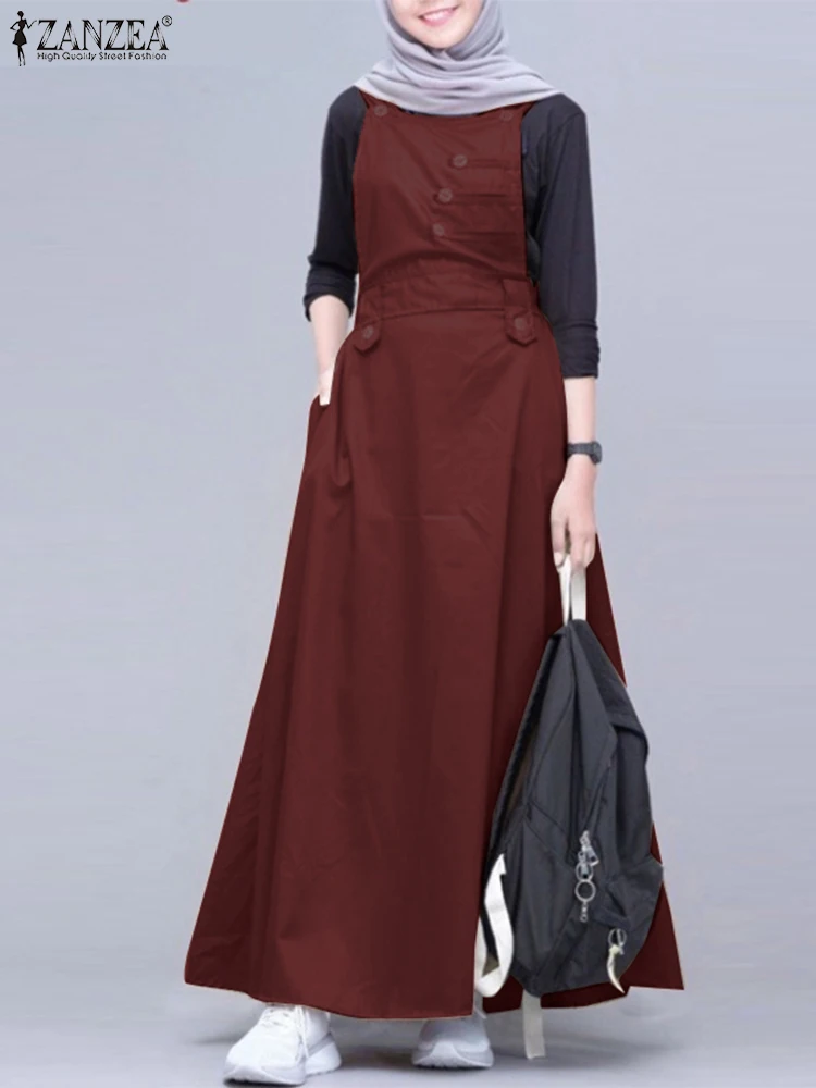 

ZANZEA Muslim Women Vintage Dresses Fashion Sleeveless Solid Maxi Dress Dubai Turkey Abaya Causal Robe Vestidos Islamic Clothing
