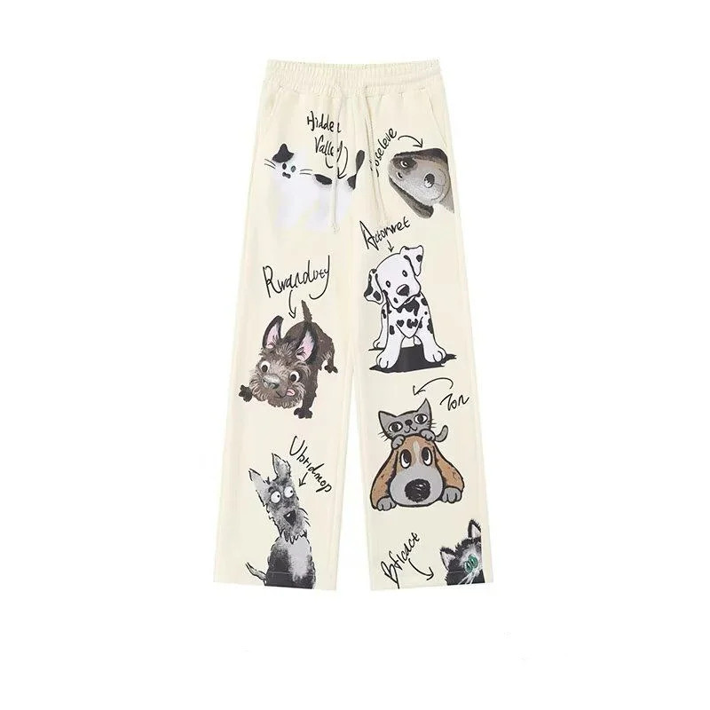 Dopamine Wearing Dog Pattern Casual Straight Pants Unisex Elastic Waist Drawstring Pockets Solid American Loose Street Trousers