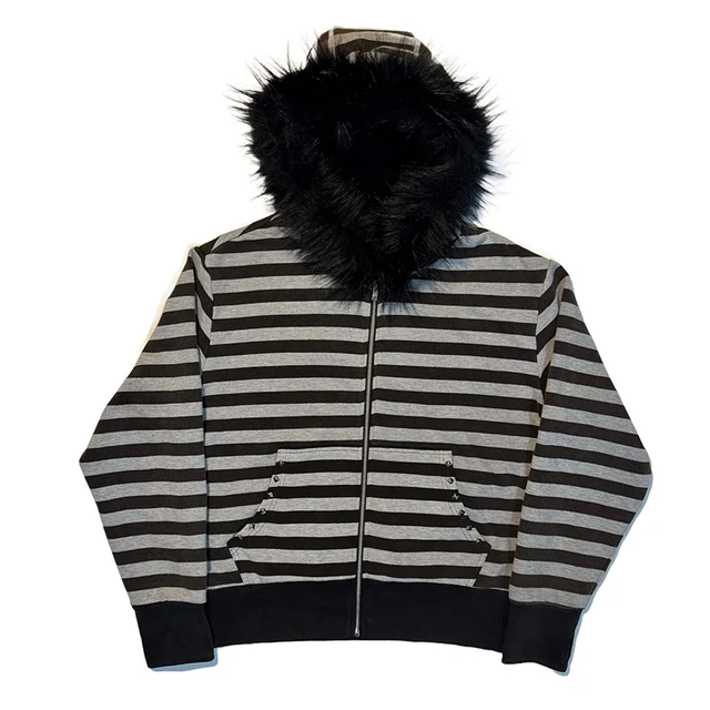 Goth Esthétique Femmes Sweat À Capuche Harajuku Rétro Y2K Emo Fille Col De Fourrure Cardigan Sweat Rock Punk Hip Hop Décontracté Lâche Streetwear 1