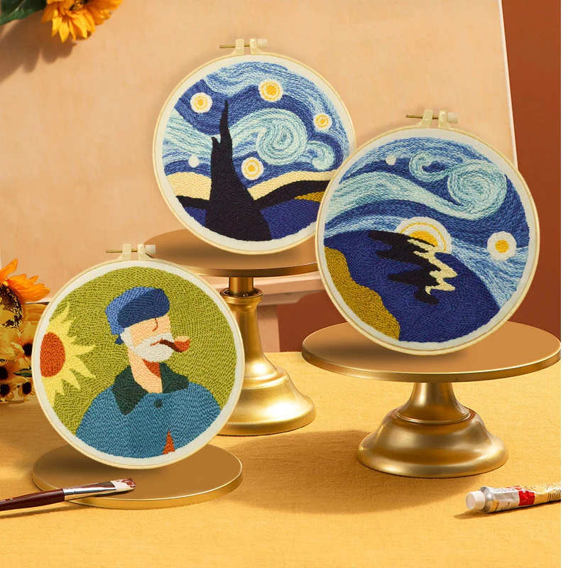 

Van Gogh Mona Lisa Oil Painting Punch Embroidery Kits, Stamped Handmade Woolen Yarn Artwork Needle, DIY Rug Kit for Beginner