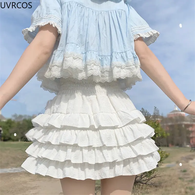 Compre Mini saia de renda com babados, mini saia feminina multicamadas fofa  estilo lolita bandagem cintura alta saia de bolo para meninas doces roupas  kawaii