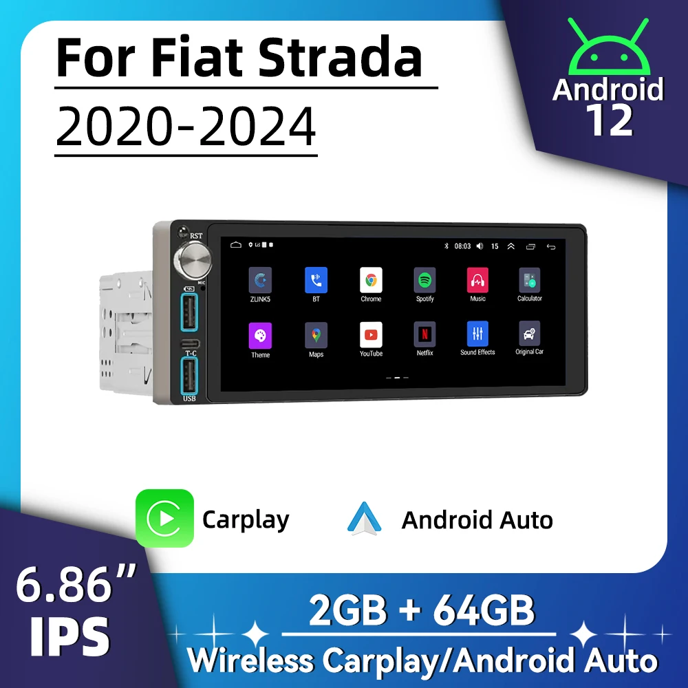 

6.86 Inch Screen Android Car Multimedia for Fiat Strada 2020-2024 1 Din Radio Stereo Head Unit Carplay Autoradio GPS Navigation