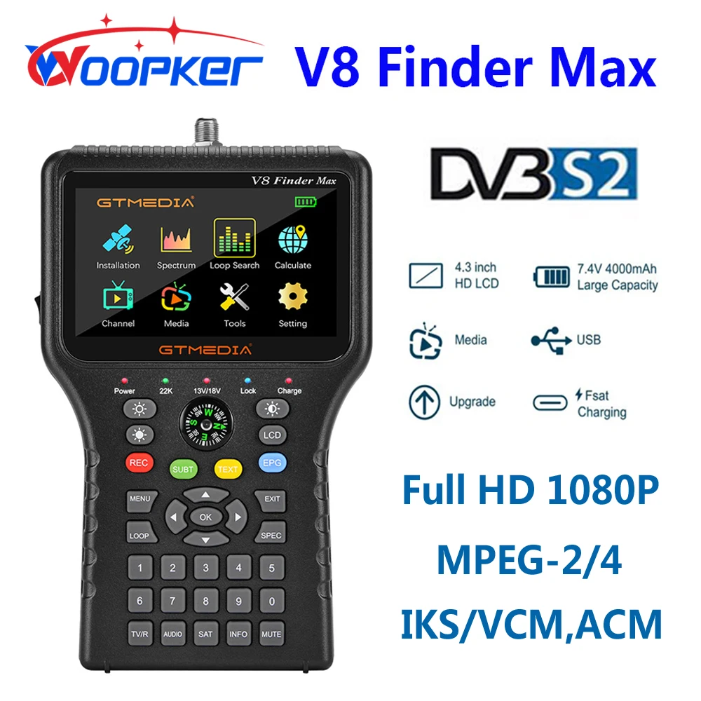 Wookper V8 Finder Max Satellite Signal Finder Lcd Da 4.3 Pollici Dvb-S/S2/S2X H.265 Acm Localizzatore Satellitare 8-Bit Sat-Finder Gtmedia