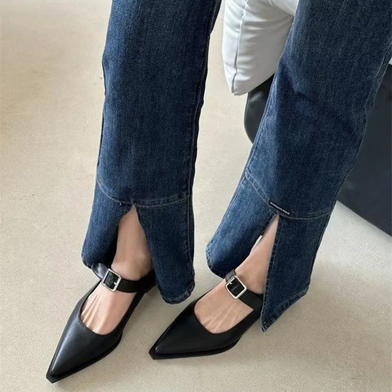 New Fashion Sexy Banquet Comfortable Pointed Toe Buckle Sandals Women's Solid Color High Heels Leather Shoes Zapatos Mujer