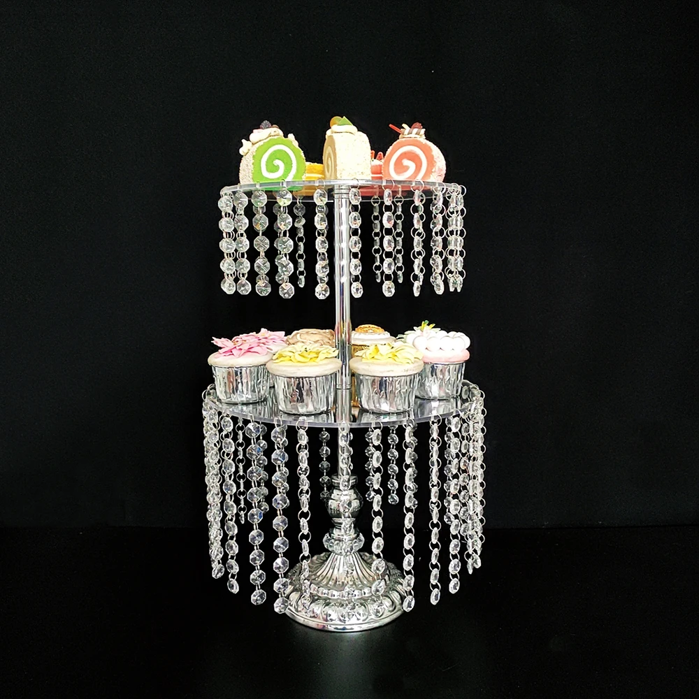 1pcs-3pcs/lot Round Cake Serving Stand with Crystal Dessert Cupcake Pastry with Hanging Acrylic Crystals for Wedding Event