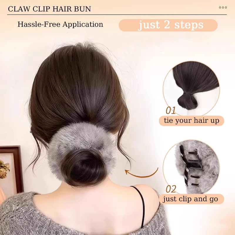 Synthetic Hair Bun Extensions Wig Claw Clip Hair Bun with Grey Plush Hair Band Updo Hair with Clip for Women Daily Winter Use