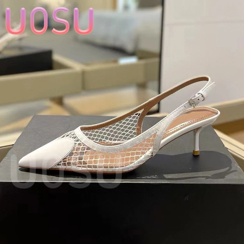 Summer Women's High Heels Luxury Shiny Patent Leather Designer Fishing Net Heel Shoes Banquet Party Pointed Toe Dress Shoes