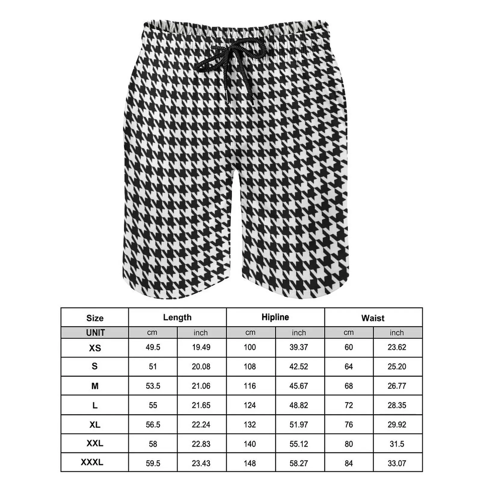 Summer Board Shorts Black White Houndstooth Sports Fitness Retro Print Board Short Pants Vintage Quick Dry Swimming Trunks 2